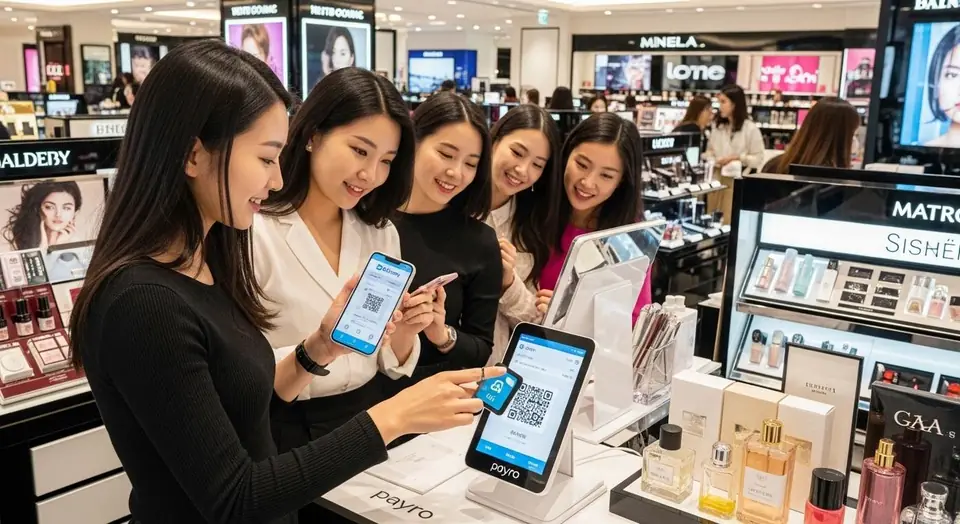 여러 손님이 휴대폰을 들고 카운터의 QR 단말기로 결제하는 모습