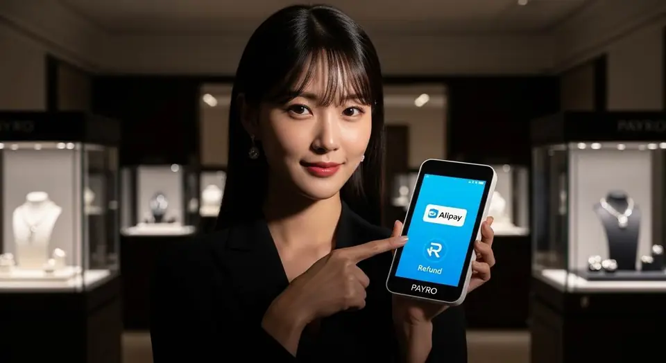 외국인 손님 결제에 쓰이는 페이로 단말기가 놓인 매장 장면