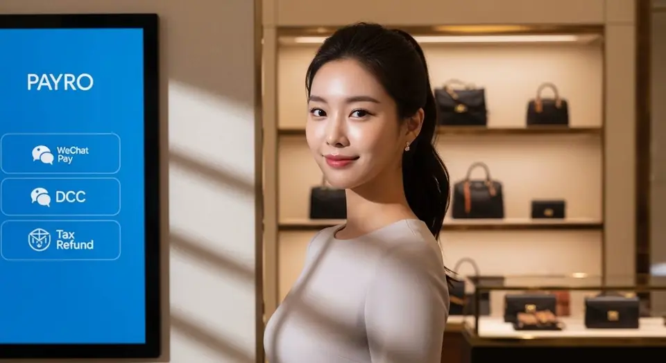 외국인 손님 결제에 쓰이는 페이로 단말기가 놓인 매장 장면