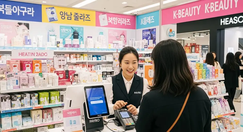 K뷰티 매장 계산대에서 손님이 결제하는 모습